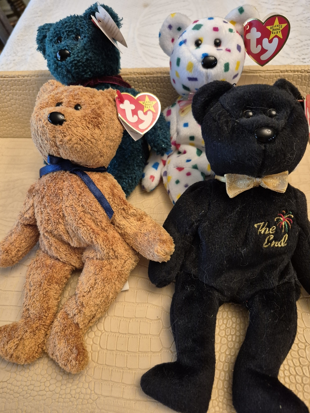 Vintage Ty Beanie Babies "The End", "Ty 2K,  "2001 Holiday Teddy", And "Fuzz"